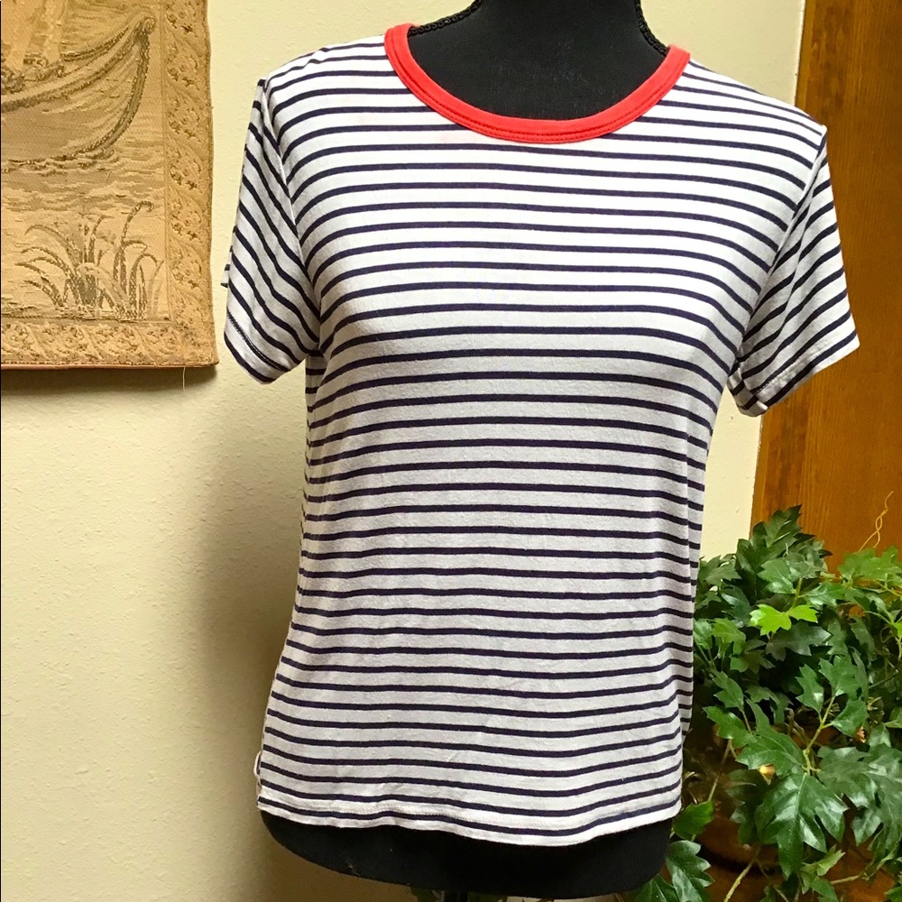 JOHN GULT TEE, black and white stripe with a red trim collar, size o-small